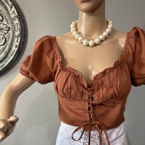 L.A. HEARTS BROWN CROP TOP. SELF-TIE PLEATED BODICE - SZ M